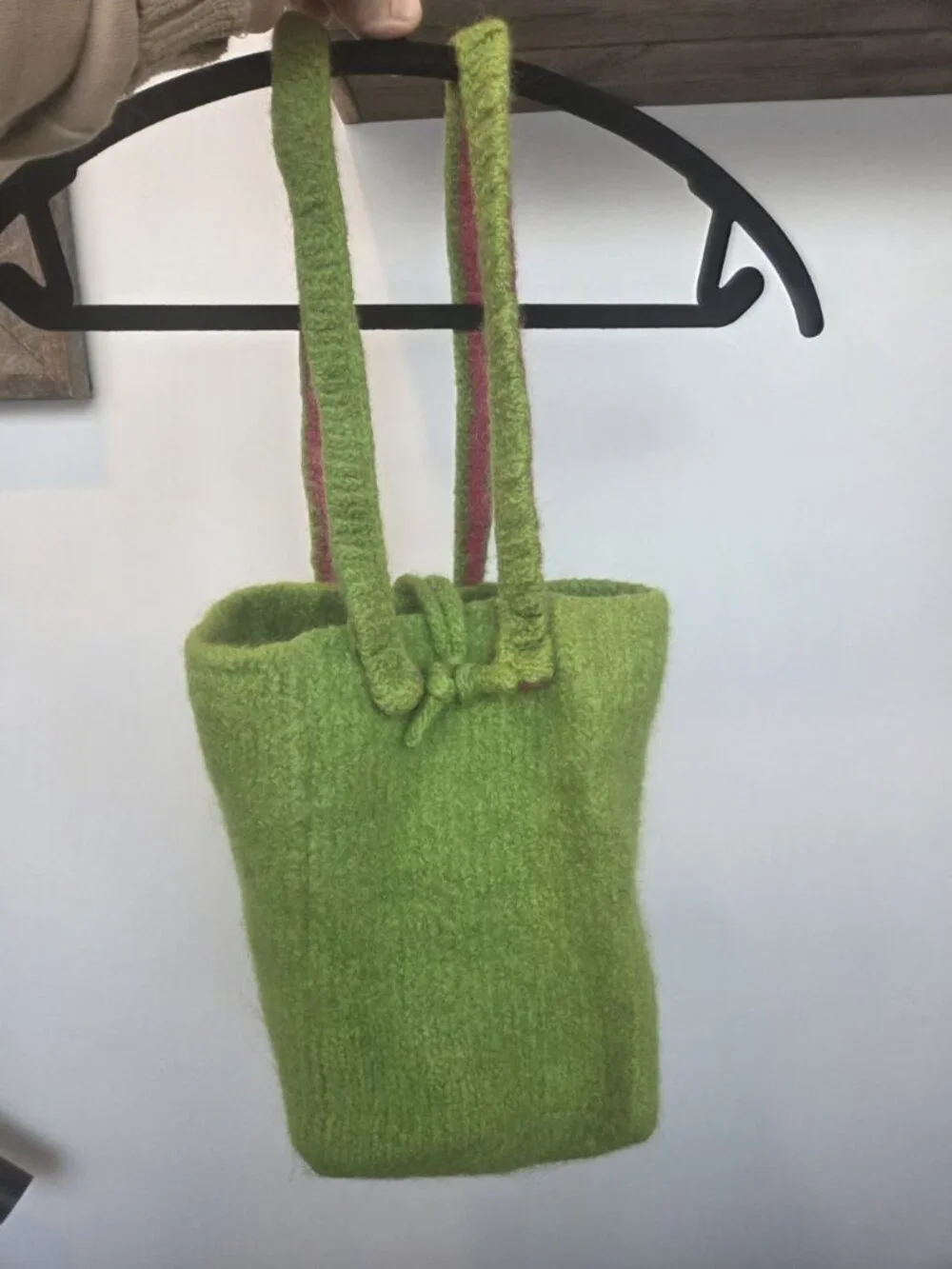 Handmade Felted Wool Tote Lime Green & Pink Parallel Straps Toggle Closure